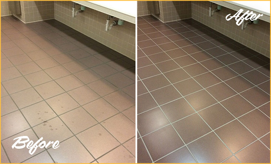 Before and After Picture of a Ramapo Restrooms Tile and Grout Cleaned to Remove Embedded Dirt