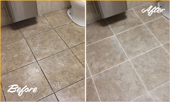 Before and After Picture of a Lake View Restroom Tile and Grout Cleaned to Remove Soil