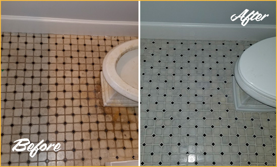 Before and After Picture of a Lake View Bathroom Tile and Grout Cleaned to Remove Stains