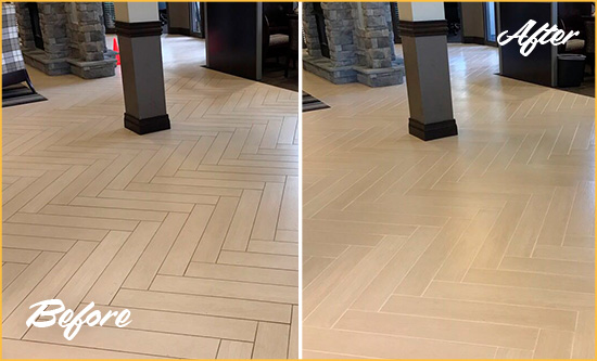 Before and After Picture of a The Oranges Office Floor Tile and Grout Cleaned to Remove Stains