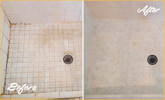 Before and After Picture of a Garnerville Shower Caulked to Fix Cracks