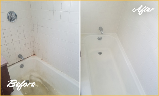 Before and After Picture of a Lake View Bathtub Caulked to Repair Cracks