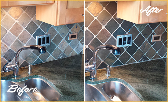 Before and After Picture of a Harding Backsplash Caulked to Fix and Prevent Water Leaks