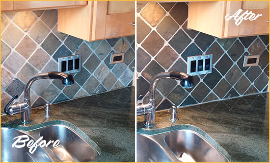 Before and After Picture of a Jersey City Backsplash Caulked to Fix and Prevent Water Leaks