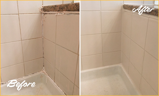 Before and After Picture of a Palisades Park Shower Caulked to Repair Damaged Caulking