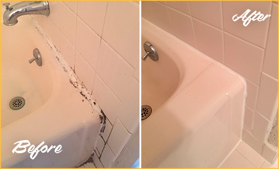 Before and After Picture of a Orange Bathroom Sink Caulked to Fix a DIY Proyect Gone Wrong