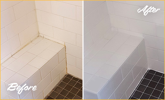 Before and After Picture of a Lake View Shower Seat Caulked to Protect Against Mold and Mildew Growth