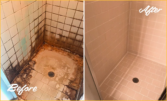 Before and After Picture of a Long Hill Township Shower Caulked to Fix and Prevent Water Damage