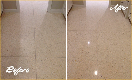 Before and After Picture of a Alpine Granite Stone Floor Polished to Repair Dullness