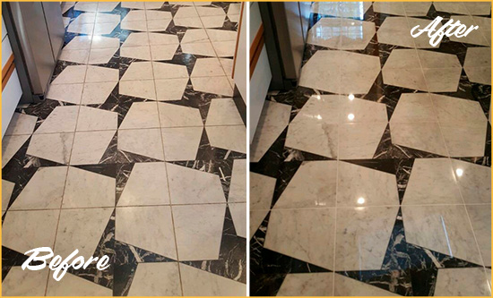 Before and After Picture of a Dull Essex Fells Marble Stone Floor Polished To Recover Its Luster