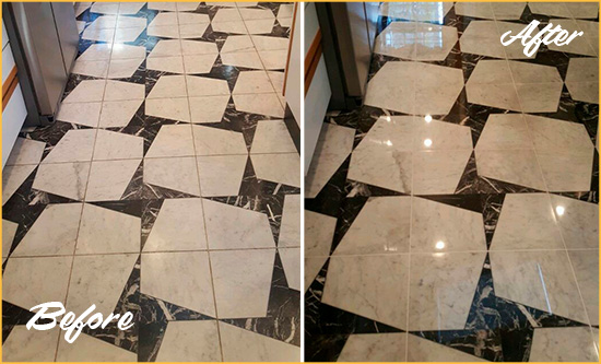 Before and After Picture of a Dull Upper Saddle River Marble Stone Floor Polished To Recover Its Luster