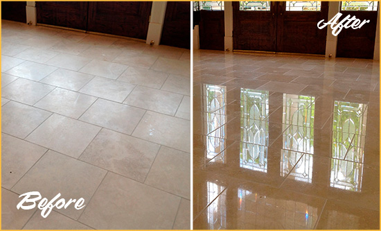 Before and After Picture of a Dull Union Township Travertine Stone Floor Polished to Recover Its Gloss