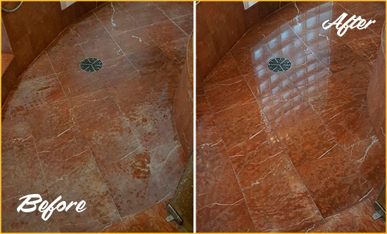 Before and After Picture of a New Providence Marble Stone Shower Polished to Eliminate Mineral Deposits