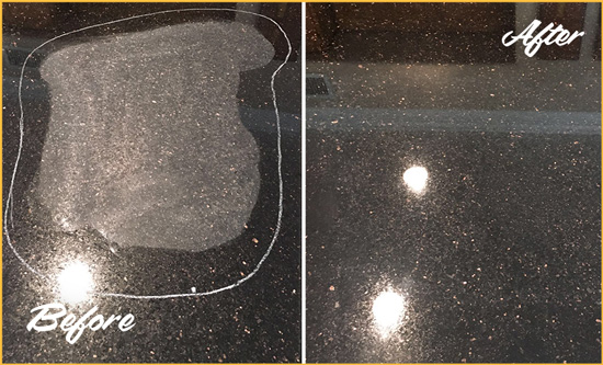 Before and After Picture of a Mount Olive Granite Stone Countertop Polished to Remove Scratches