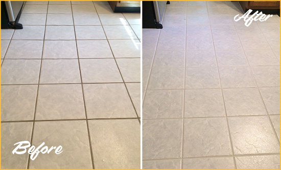 Before and After Picture of a Berkeley Heights Kitchen Ceramic Floor Sealed to Protect From Dirt and Spills