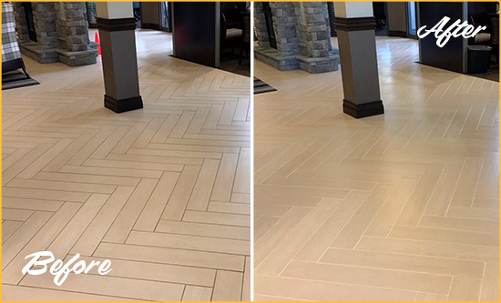 Before and After Picture of a Dirty Pomona Ceramic Office Lobby Sealed For Extra Protection Against Heavy Foot Traffic