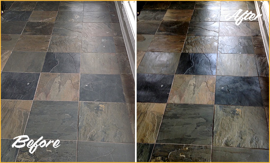 Before and After Picture of a Dull Berkeley Heights Slate Floor Sealed to Bring Back Its Colors