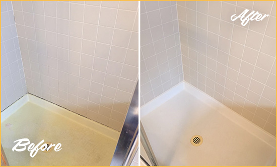 Before and After Picture of a Pomona Shower Sealed to Remove and Protect Against Mold