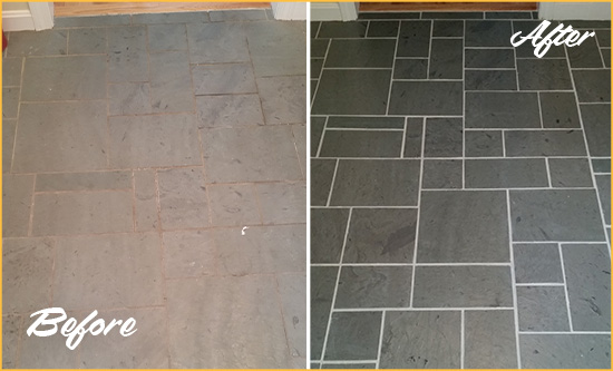 Before and After Picture of a New Providence Slate Floor Cleaned to Remove Deep-Seated Dirt