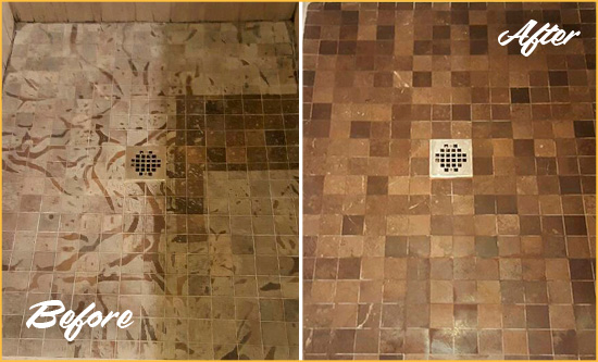 Before and After Picture of a Stained Kinnelon Marble Shower Floor Cleaned to Remove Etching