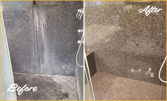 Before and After Picture of a Bear Mountain Granite Shower Cleaned to Remove Mineral Deposits