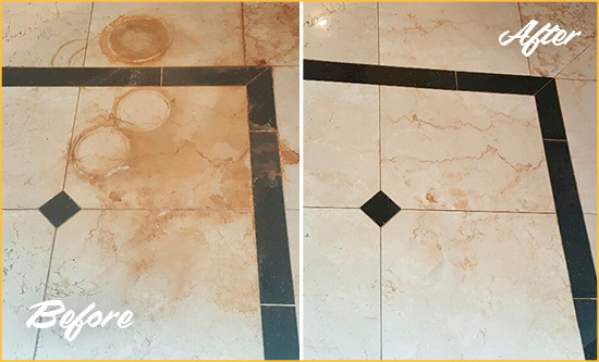 Before and After Picture of a Suffern Marble Floor Cleaned to Eliminate Rust Stains