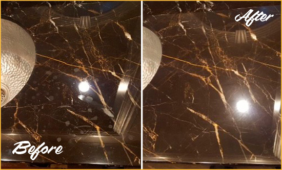 Before and After Picture of a Singac Marble Countertop Cleaned to Remove Water Spots