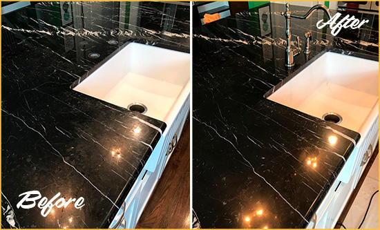 Before and After Picture of a Westfield Marble Kitchen Countertop Stone Sealed to Avoid Water Damage