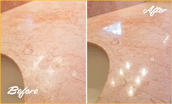 Before and After Picture of a West Nyack Marble Stone Vanity Top Sealed to Avoid Water Marks