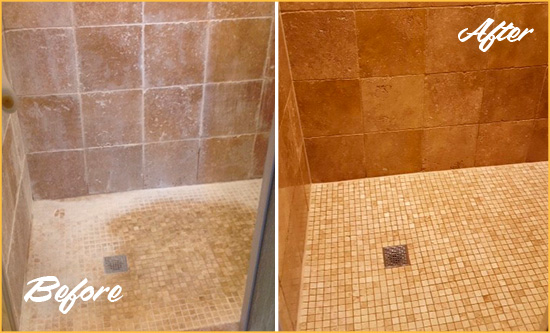 Before and After Picture of a Elizabeth Travertine Shower Honed to Remove Mineral Deposits