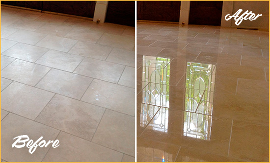 Before and After Picture of a Teaneck Hard Surface Restoration Service on a Dull Travertine Floor Polished to Recover Its Splendor