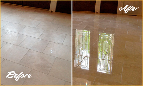 Before and After Picture of a Cliffside Park Hard Surface Restoration Service on a Dull Travertine Floor Polished to Recover Its Splendor