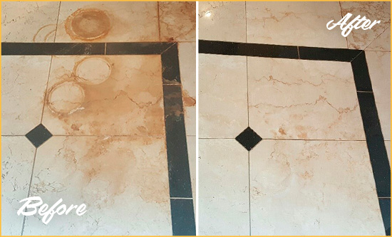 Before and After Picture of a Athenia Hard Surface Restoration Service on a Marble Floor to Eliminate Rust Stains