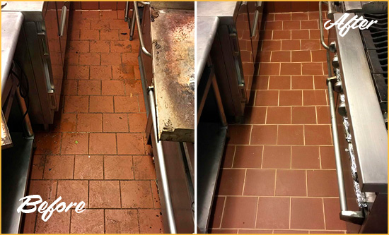 Before and After Picture of a Alpine Hard Surface Restoration Service on a Restaurant Kitchen Floor to Eliminate Soil and Grease Build-Up