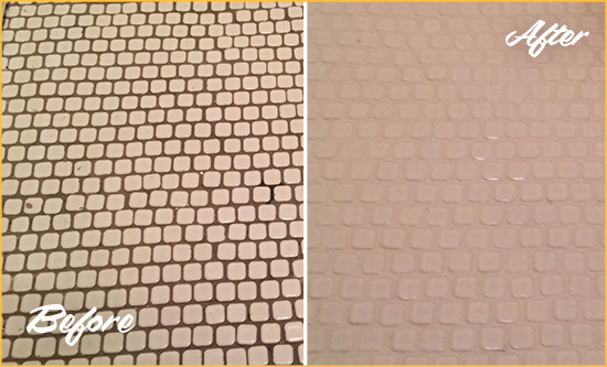 Before and After Picture of a Boonton Hard Surface Restoration Service on a Bathroom Tile Floor Recolored to Fix Grout Color