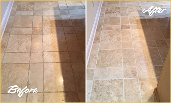 Before and After Picture of The Caldwells Kitchen Floor Grout Cleaned to Recover Its Color