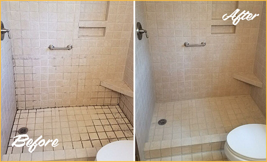 Before and After Picture of a Chatham Township Shower Grout Cleaned to Remove Mold