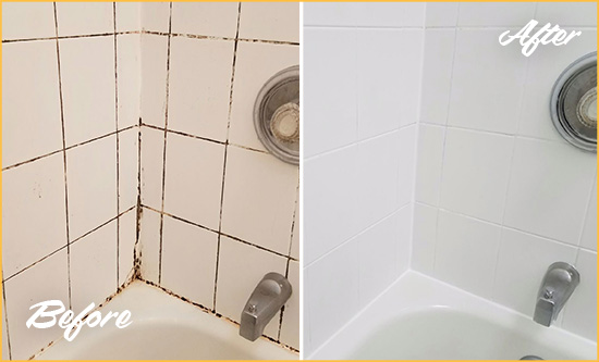 Before and After Picture of a Plainfield Tub Grout Cleaned to Eliminate Mold