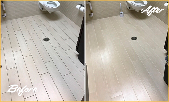 Before and After Picture of a New City Office Restroom's Grout Cleaned to Remove Dirt