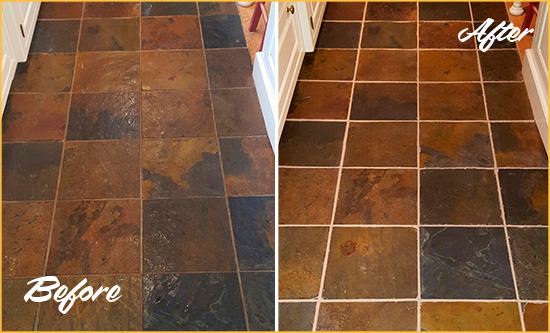 Before and After Picture of New City Slate Floor Grout Cleaned to Remove Dirt