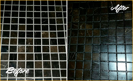 Before and After Picture of a Fair Lawn Black Floor with Recolored Grout