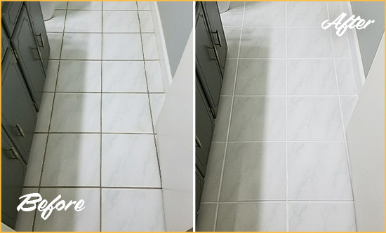 Before and After Picture of a Dover White Ceramic Tile with Recolored Grout