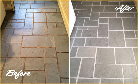 Before and After Picture of Damaged Pearl River Slate Floor with Sealed Grout