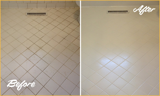 Before and After Picture of a Orange White Bathroom Floor Grout Sealed for Extra Protection