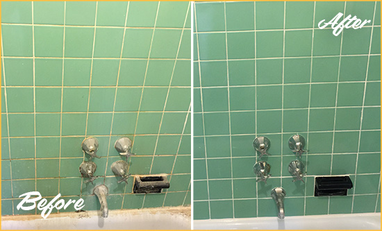 Before and After Picture of a Skylands Bath Tub Grout Sealed to Avoid Water Damage