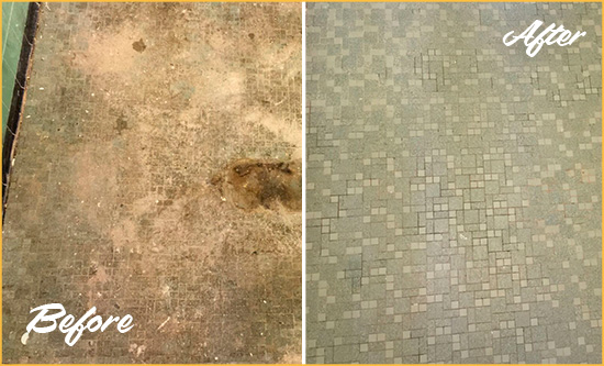 Before and After Picture of a Dover Mosaic Shower Cleaned to Eliminate Embedded Dirt