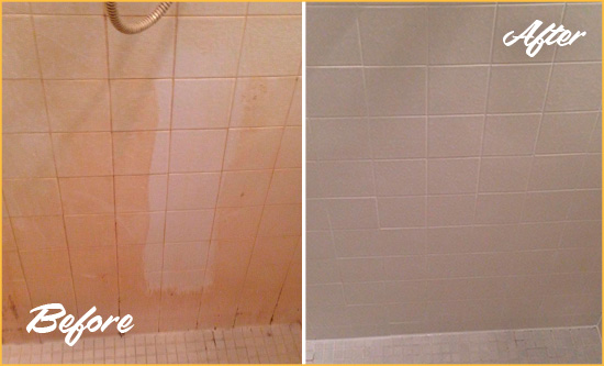 Before and After Picture of a Tomkins Cove Porcelaine Shower Cleaned to Remove Soap Scum