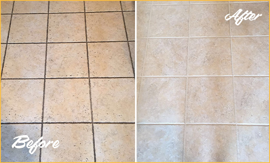 Before and After Picture of a Haworth Ceramic Floor Cleaned to Remove Soil