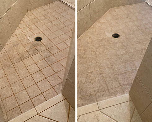 Shower Floor and Seams Before and After a Tile Cleaning in Wayne
