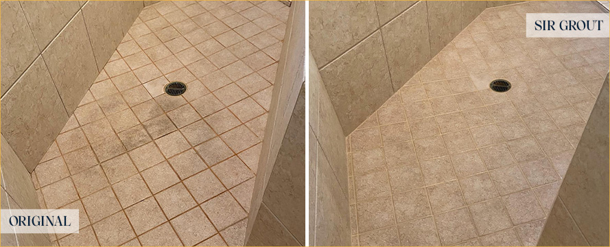 Shower Floor and Seams Before and After a Tile Cleaning in Wayne